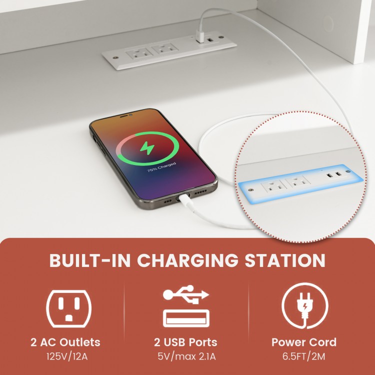 Built-in charging station with 2 AC outlets and 2 USB ports on the 48-inch white computer desk for convenient power.
