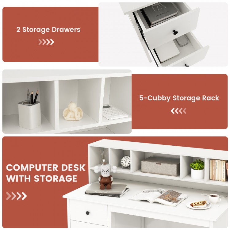 48-inch white computer desk featuring a spacious tabletop, 5-cubby storage hutch, and 2 storage drawers for.