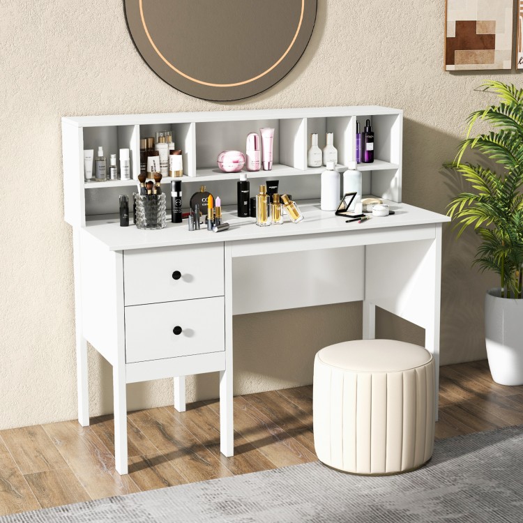 White 48-inch computer desk with 5-cubby hutch and two drawers, ideal for work and makeup storage.