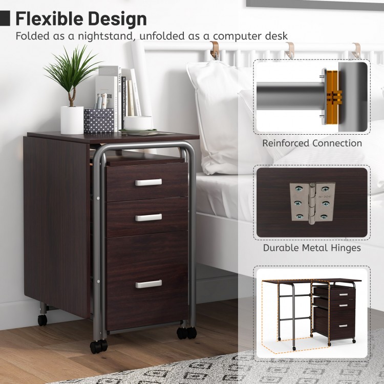 Folding computer desk in brown with three drawers and wheels, ideal for home office or as a nightstand.