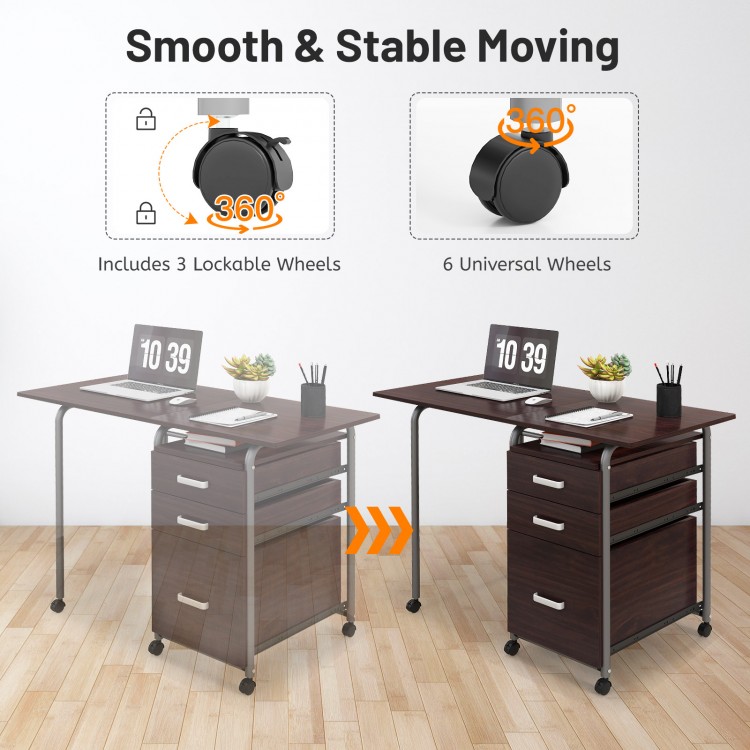 Folding brown computer desk with three drawers and six wheels for easy movement, ideal for home office use.