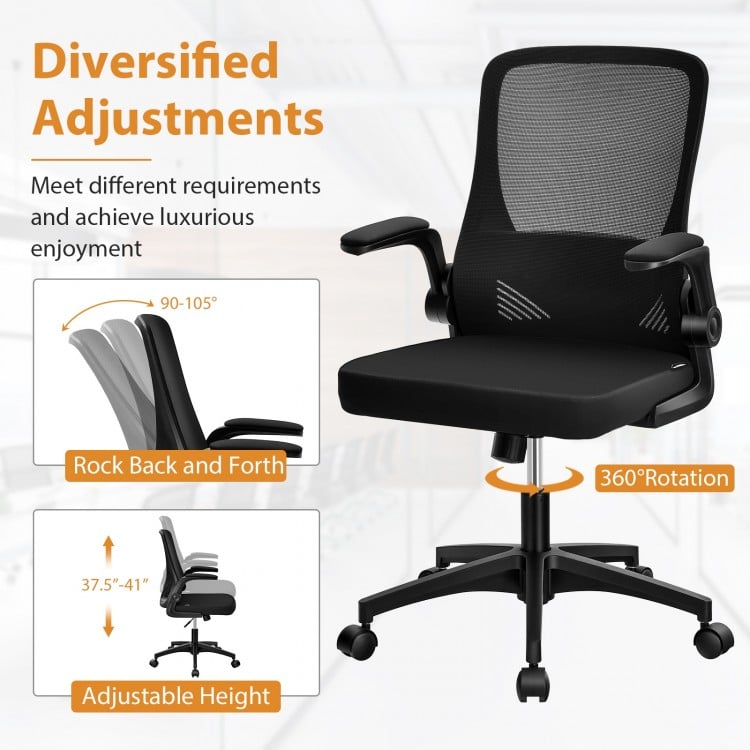Swivel mesh office chair with adjustable height, foldable backrest, and flip-up arms for versatile home office use.
