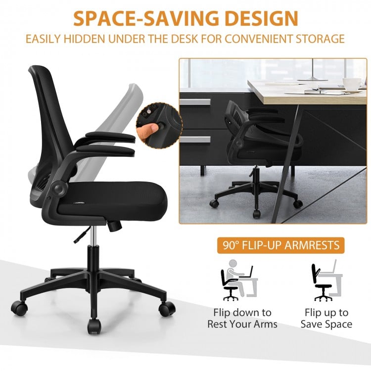Swivel mesh office chair in black with foldable backrest and 90° flip-up arms for convenient under-desk storage.