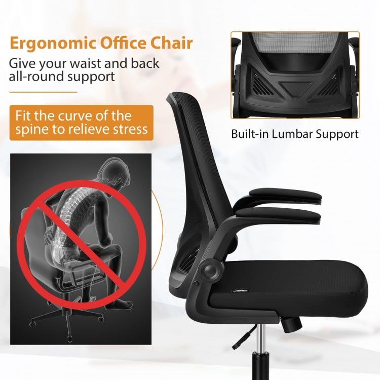 Ergonomic black swivel mesh office chair with foldable backrest, built-in lumbar support, and flip-up arms for.