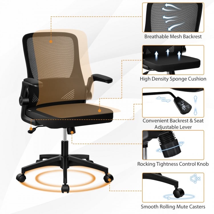 Swivel mesh office chair with foldable backrest, flip-up arms, and breathable backrest for comfortable workspace use.