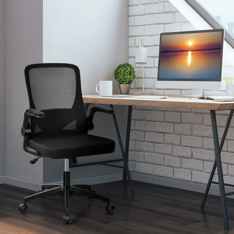 Swivel mesh office chair in black with foldable backrest and flip-up arms, perfect for compact home office spaces.