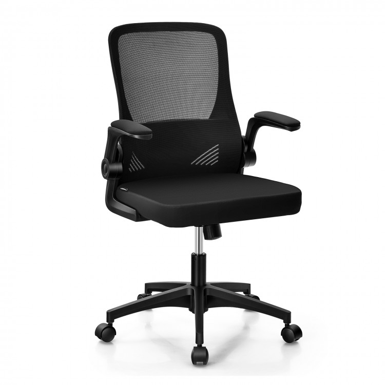 Black swivel mesh office chair featuring a breathable backrest and adjustable seat height for personalized comfort and.