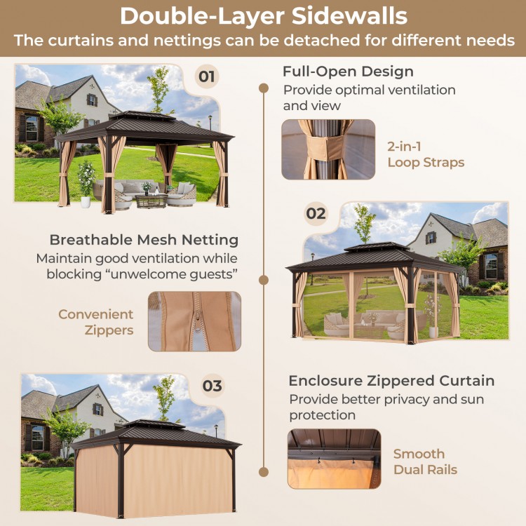 Double-roof hardtop gazebo with galvanized steel roof, featuring detachable curtains and mesh netting for optimal.