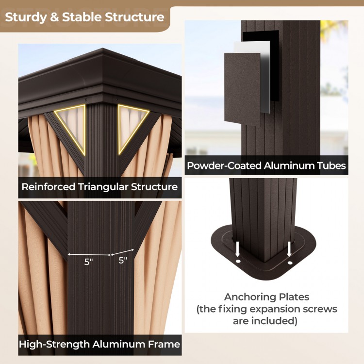Detail of the 12' x 16' hardtop gazebo's sturdy aluminum frame and triangular structure for enhanced stability.