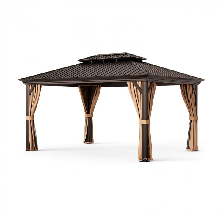 12' x 16' double-roof hardtop gazebo with galvanized steel roof and detachable curtains for outdoor relaxation.