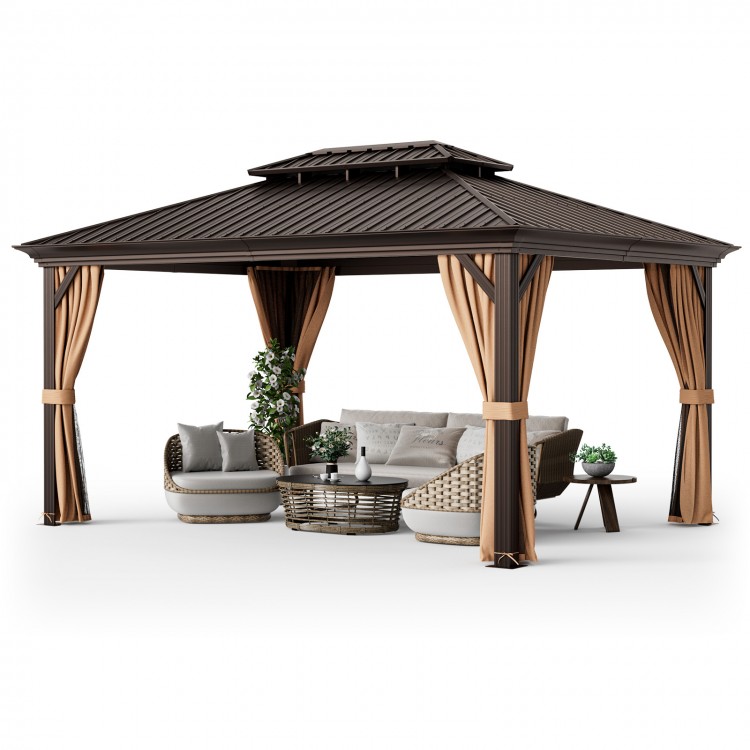 12' x 16' double-roof hardtop gazebo with galvanized steel roof, featuring detachable curtains and a spacious seating.