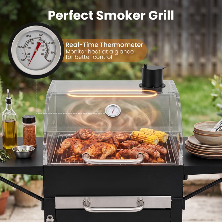Charcoal grill with real-time thermometer, dual side tables, and heavy-duty metal construction for outdoor cooking.