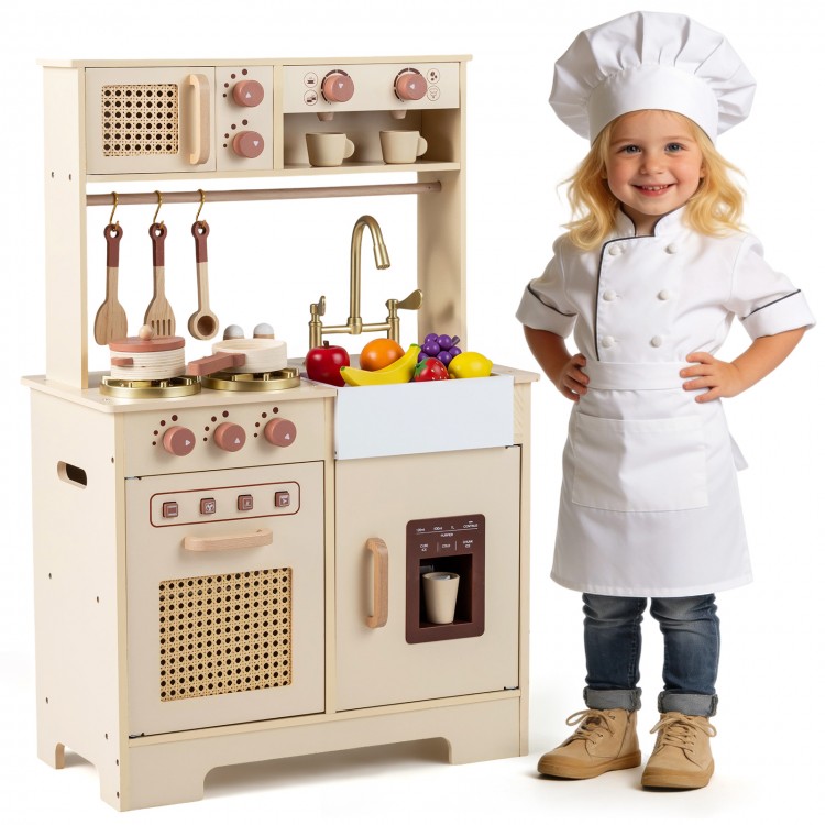 Kids' chef pretend play kitchen in yellow with realistic lights, sounds, and interactive features for imaginative play.