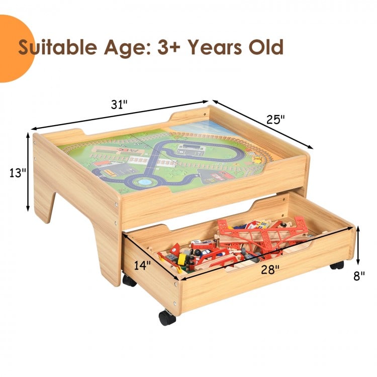 Kids wooden train set table with colorful pieces, storage drawer, and lockable wheels for imaginative play and.