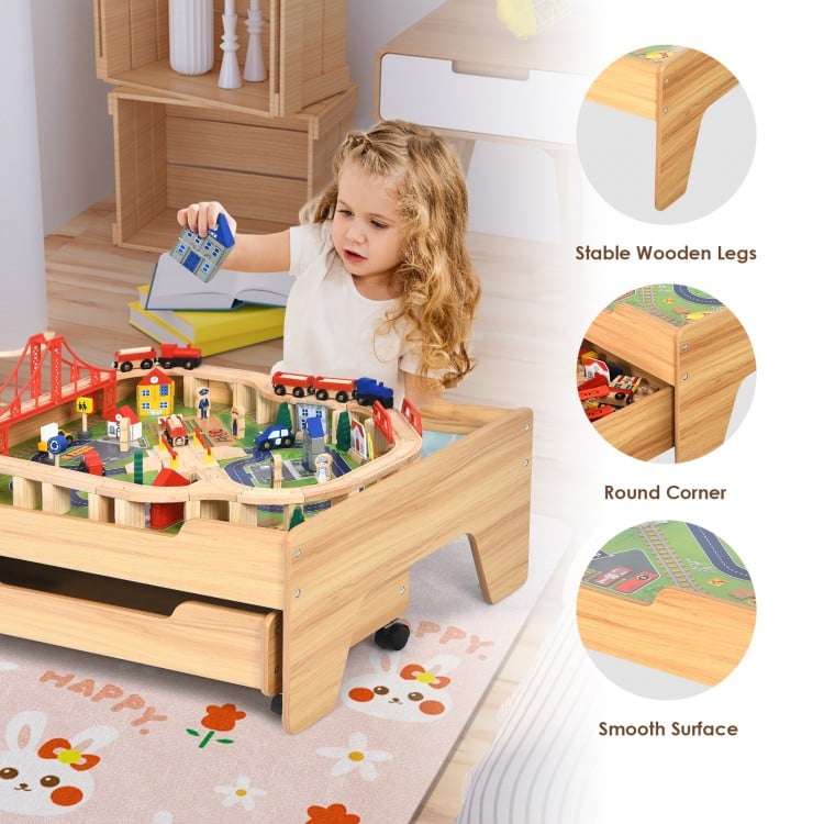 Kids wooden train set table featuring 100 colorful pieces, sturdy legs, and lockable wheels for safe play and easy.