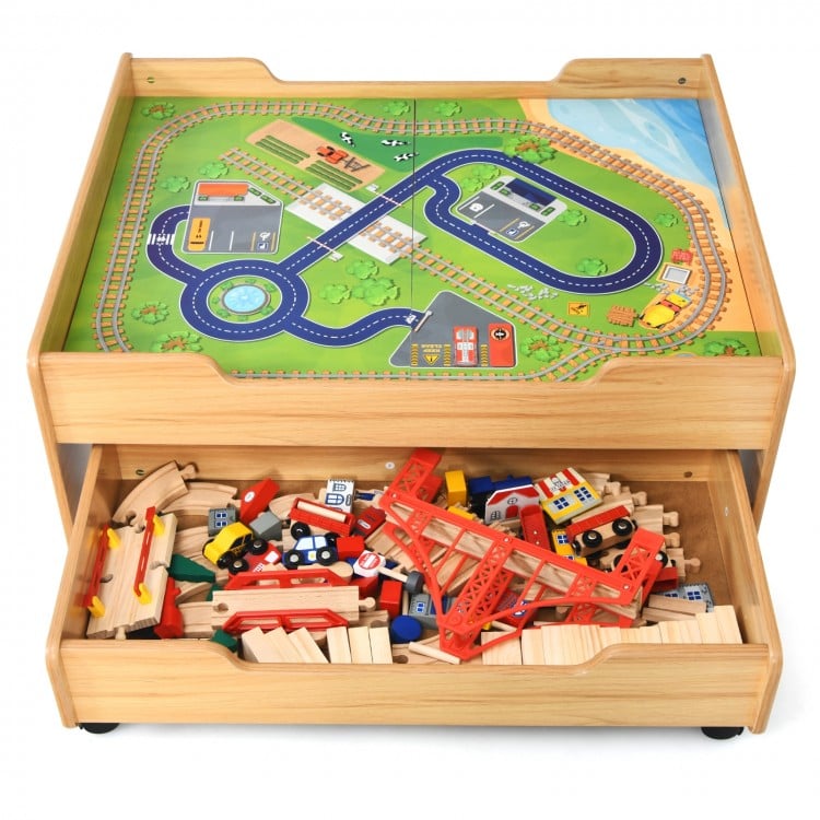 Kids wooden train set table with a vibrant play surface and a storage drawer, perfect for imaginative play and.