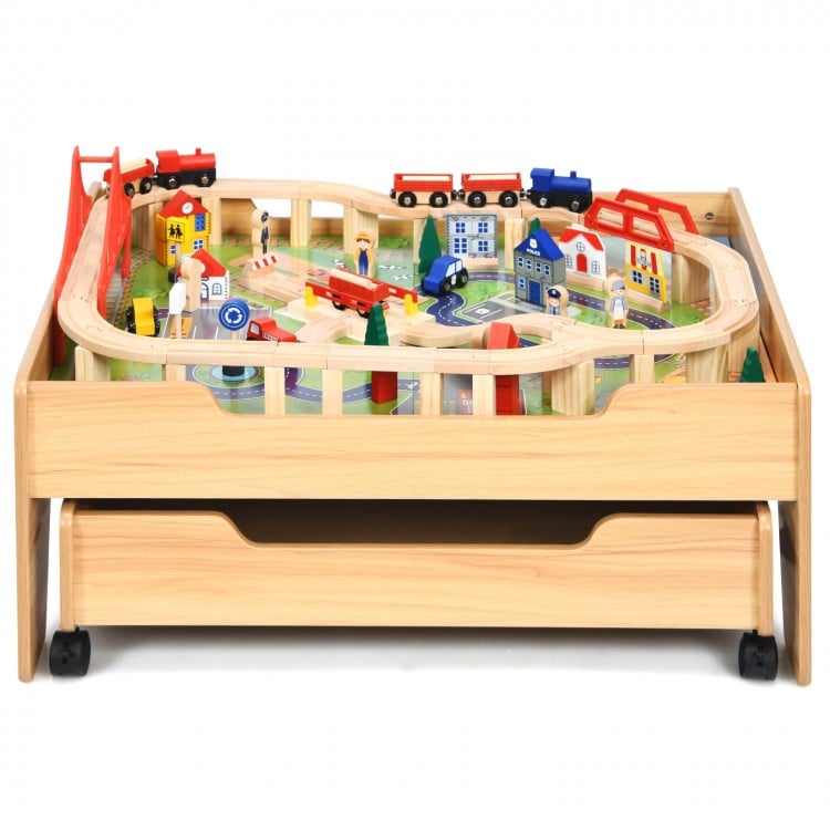 Kids wooden train set table with 100 colorful pieces, featuring lockable wheels and a storage drawer for easy.