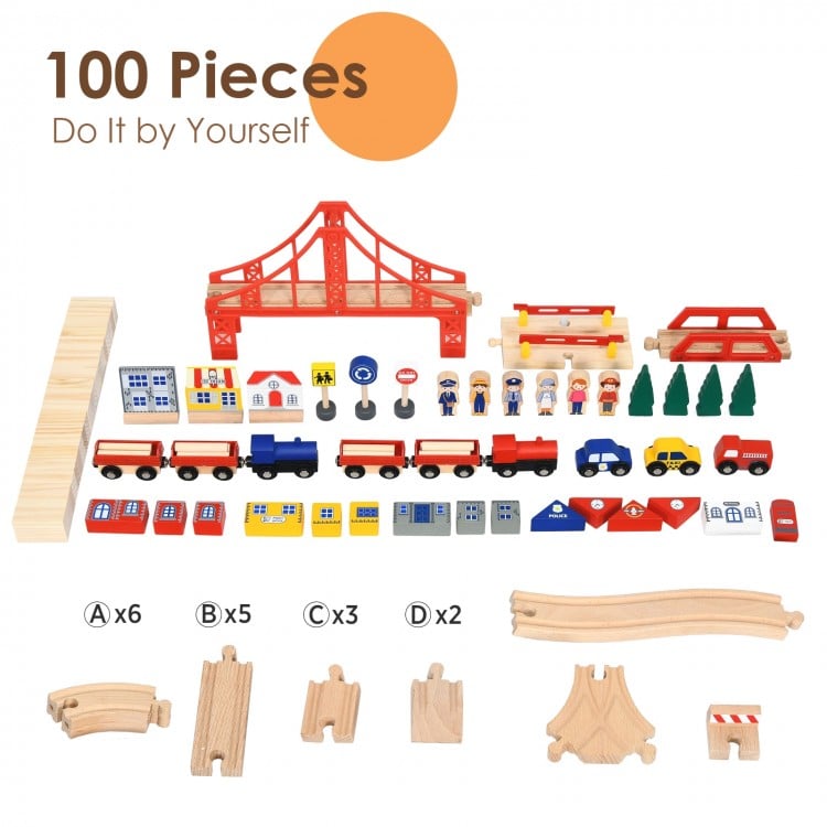Colorful 100-piece kids wooden train set with vehicles, houses, and bridges, designed for imaginative play and easy.