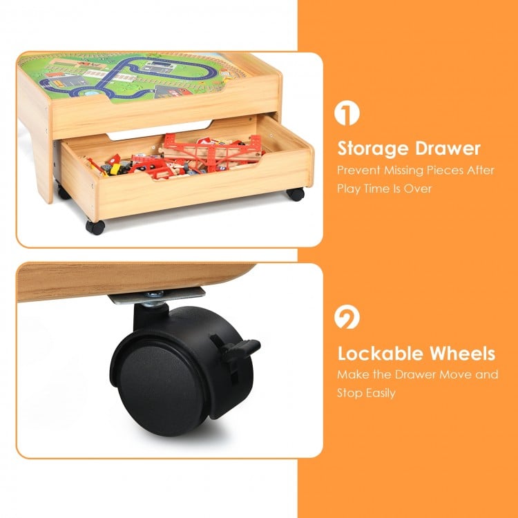 Kids wooden train set table featuring a storage drawer and lockable wheels for easy movement and organization.