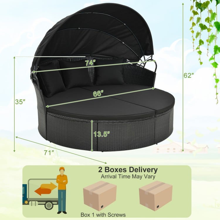 Clamshell patio round daybed with retractable canopy, black PE rattan, and cozy cushions for outdoor relaxation.