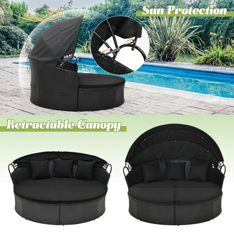Clamshell patio round daybed in black with retractable canopy and cozy cushions, perfect for outdoor relaxation.