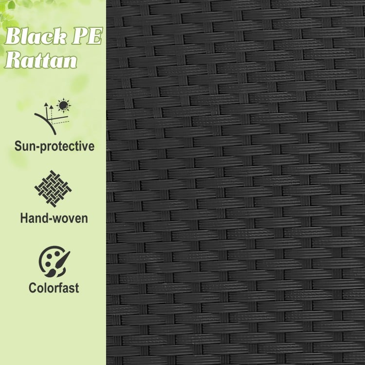 Close-up of black PE rattan texture, showcasing its hand-woven design, ideal for outdoor patio furniture.