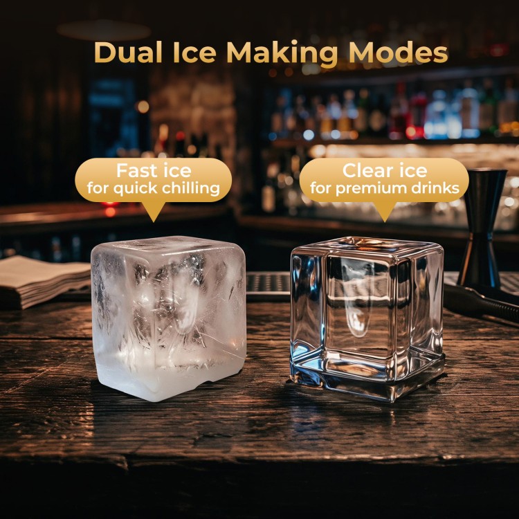 Clear ice cube maker produces 1.6-inch cubes with dual modes for quick chilling or premium drinks, ideal for bars.