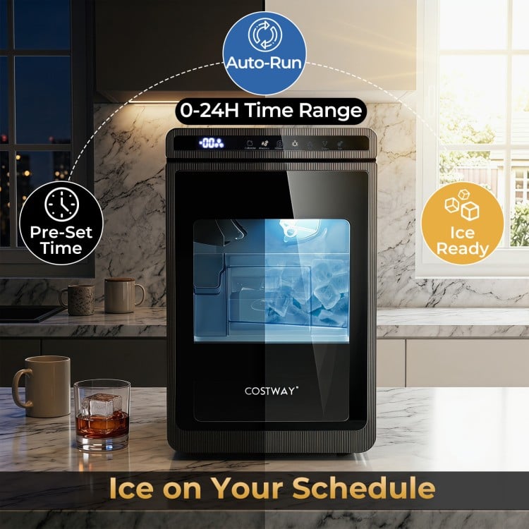 Clear ice cube maker produces 1.6-inch cubes with a 26 lbs daily output, perfect for chilling drinks without dilution.