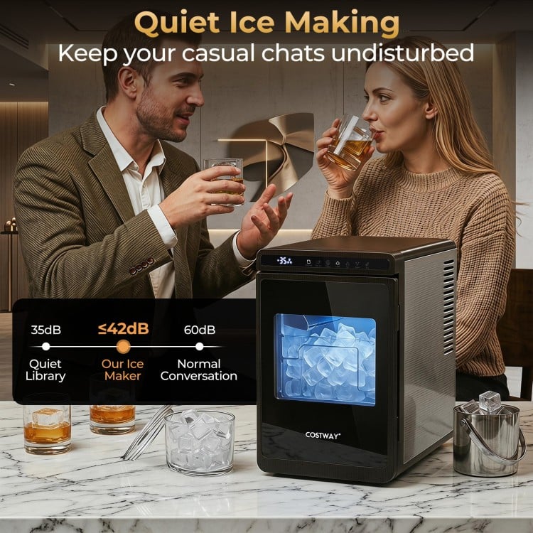 Clear ice cube maker producing 1.6-inch cubes quietly at ≤42 dB, ideal for premium drinks and casual gatherings.
