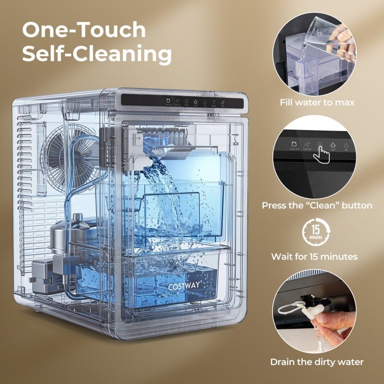 Clear ice cube maker with a 0.53-gallon tank, producing 1.6-inch cubes and featuring one-touch self-cleaning.