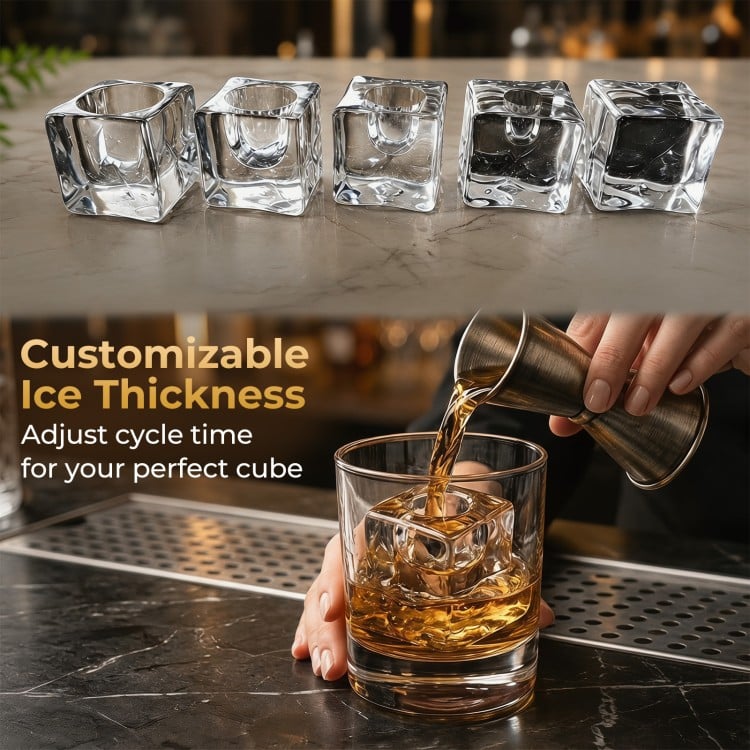 Clear ice cube maker producing 1.6-inch cubes with customizable thickness for premium drinks and fast chilling.