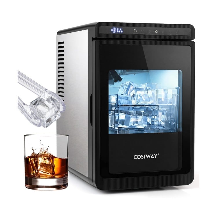 Clear ice cube maker produces 1.6-inch ice cubes with a 26 lbs daily output, ideal for premium drinks at home.