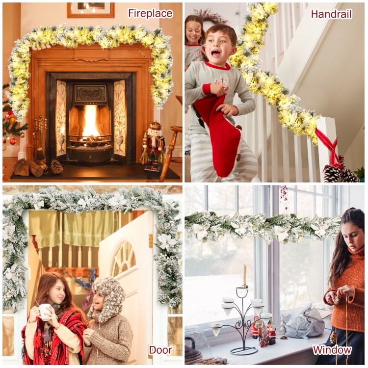 9 feet pre-lit artificial Christmas garland with 50 LED lights, featuring snow flocked design and decorative white.