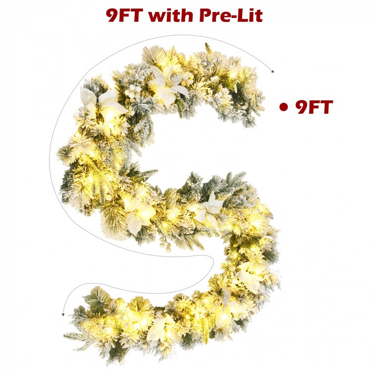 9-foot pre-lit artificial Christmas garland with 50 LED lights, featuring snow flocked design and white flowers for.