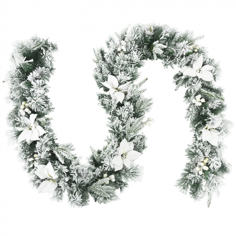 9-foot pre-lit artificial Christmas garland with 50 LED lights, snow-flocked design, and white flowers for festive.
