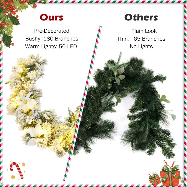 9 feet pre-lit artificial Christmas garland with 50 LED lights, featuring snow flocked design and lush white flowers.
