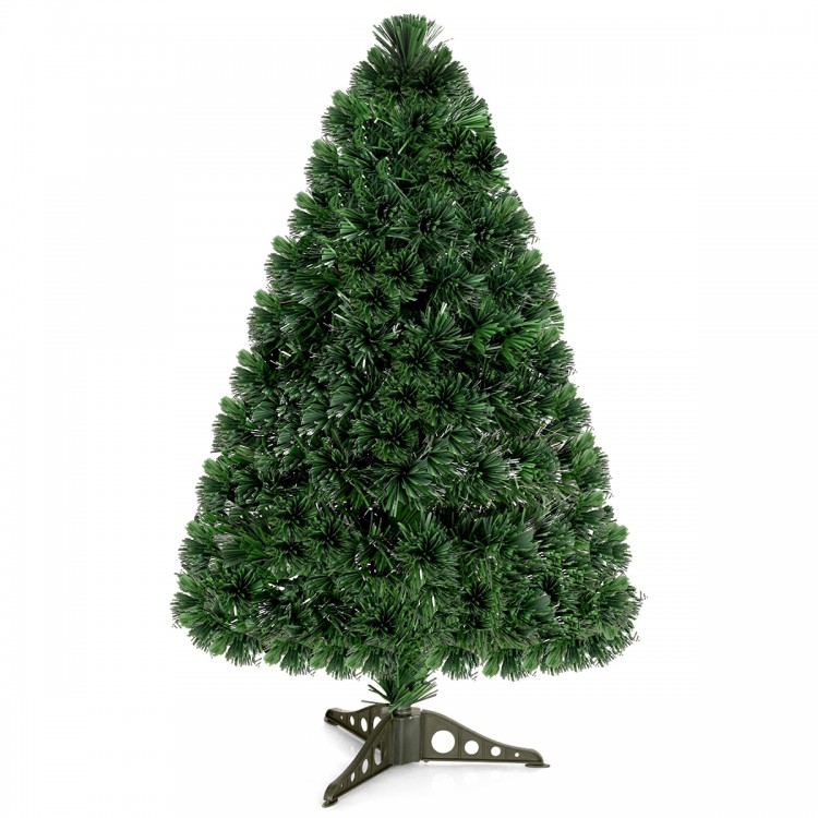 3-foot artificial Christmas tree with dense PVC needles and pre-lit fiber optic lights for vibrant holiday decoration.
