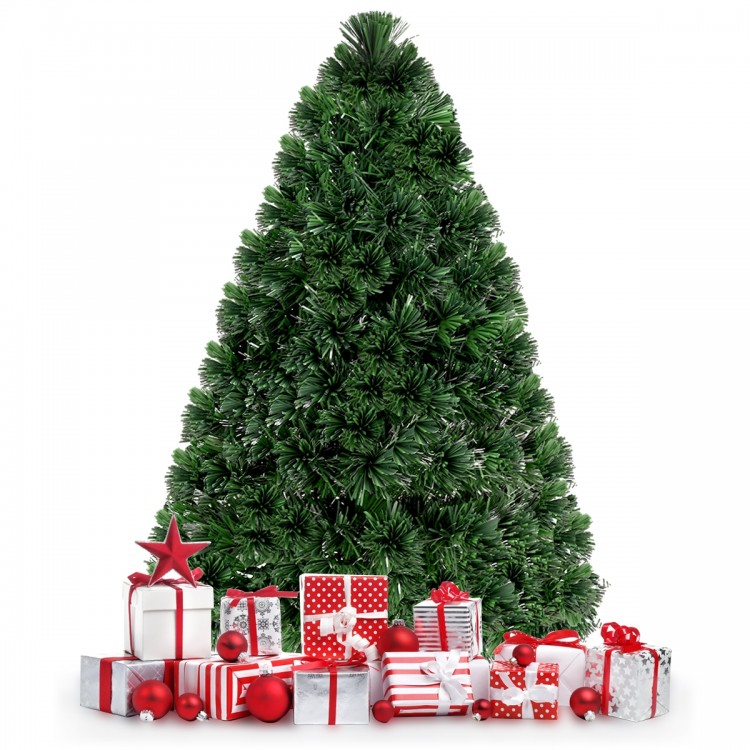 3-foot artificial pre-lit fiber optic Christmas tree with presents, featuring dense PVC needles and vibrant LED colors.