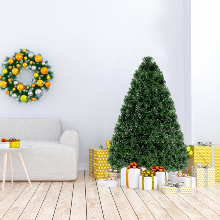 3-foot pre-lit fiber optic Christmas tree with dense PVC needles, decorated with gifts, perfect for indoor holiday.