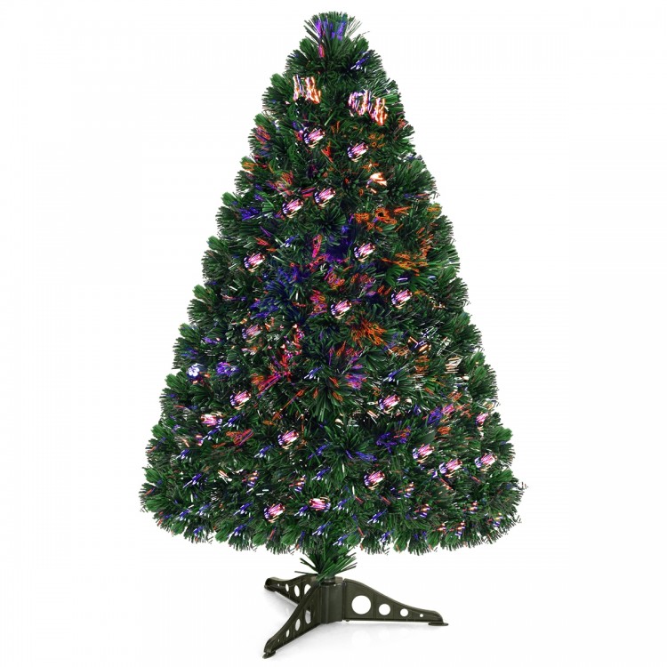 3-foot artificial pre-lit Christmas tree with fiber optic lights in multiple colors, perfect for indoor holiday.
