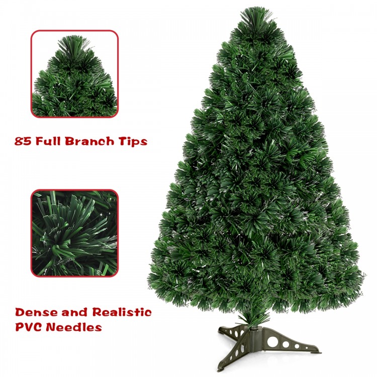 3-foot artificial Christmas tree with dense PVC needles and pre-lit fiber optic branches for vibrant holiday decor.