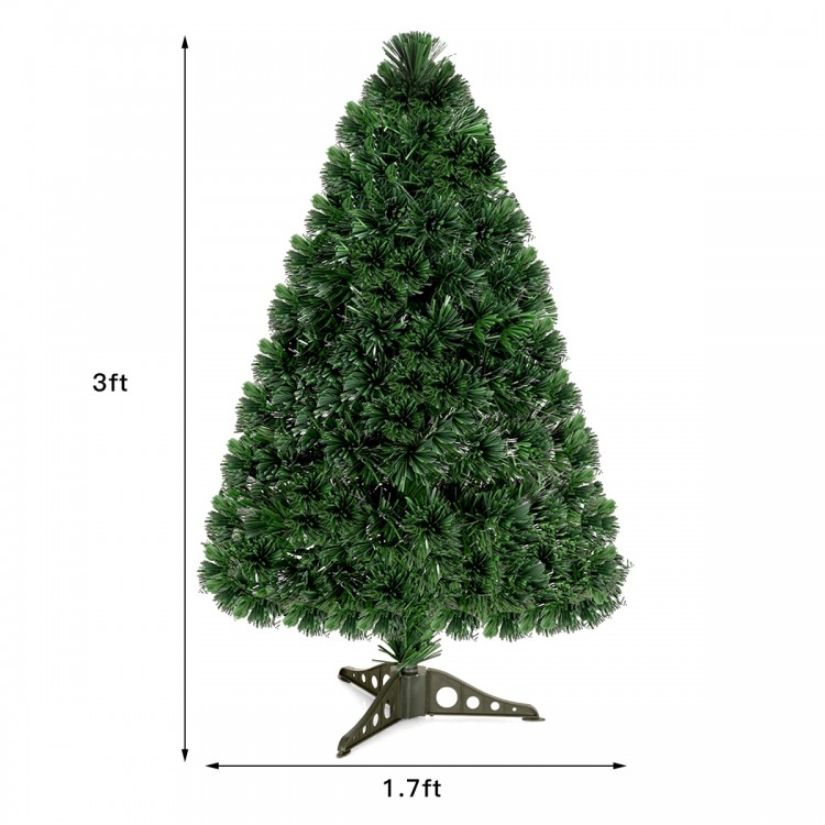 3 ft artificial Christmas tree with pre-lit fiber optic branches, dense PVC needles, ideal for indoor holiday.