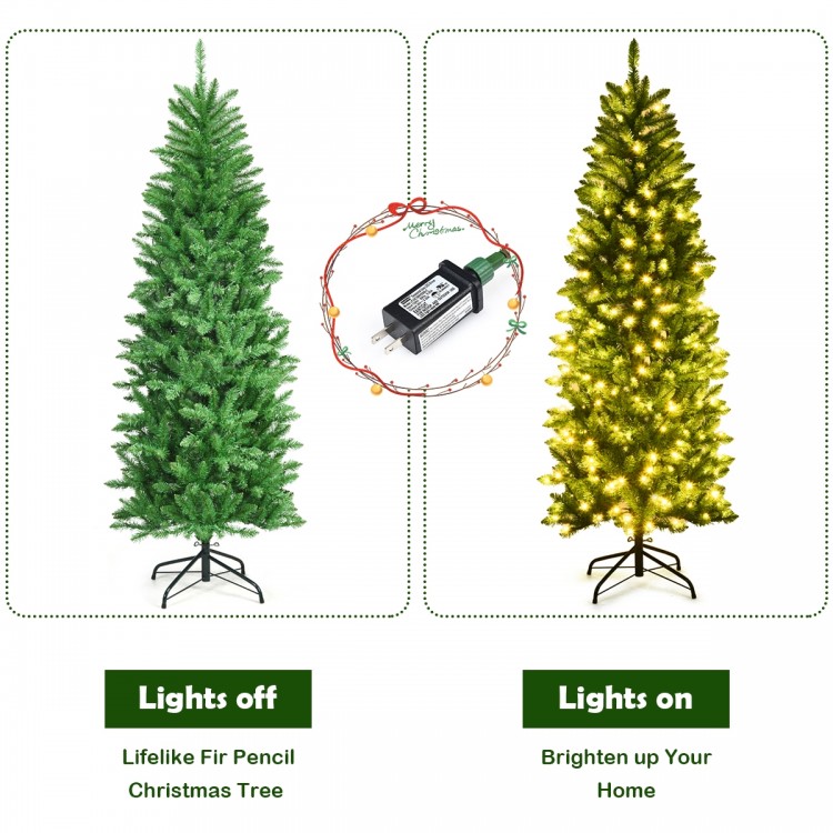6-foot pre-lit artificial fir pencil Christmas tree with 150 LED lights, showcasing a slim design for space-saving.