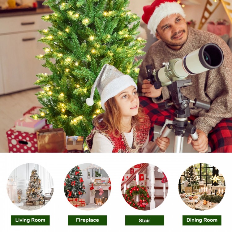 6-foot pre-lit artificial fir pencil Christmas tree with 150 LED lights, perfect for cozy holiday decor in any corner.