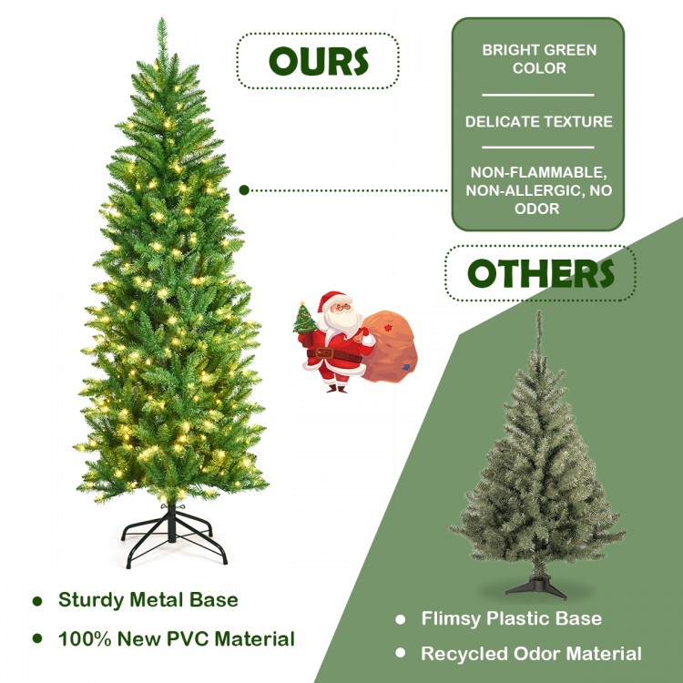 6-foot pre-lit artificial fir pencil Christmas tree with 150 LED lights, sturdy metal base, and lush green PVC branches.