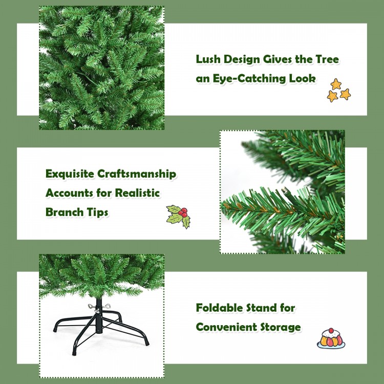 6-foot pre-lit artificial fir pencil Christmas tree with 150 LED lights, featuring a slim design and sturdy iron stand.