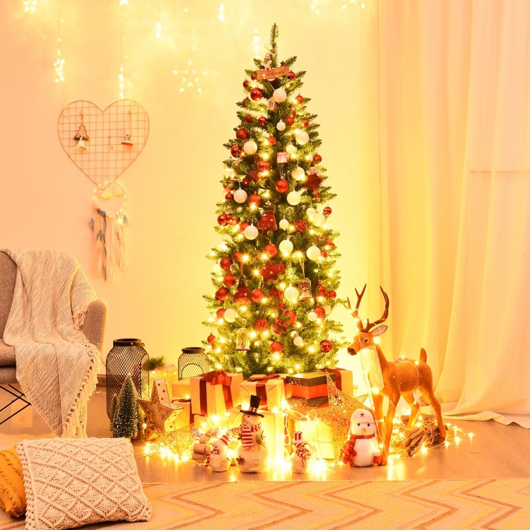 Pre-lit 6-foot artificial fir pencil Christmas tree with 150 LED lights, beautifully decorated for festive ambiance.