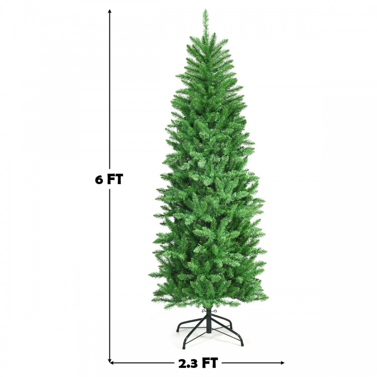 6-foot pre-lit artificial fir pencil Christmas tree with 150 LED lights, slim design for space-saving holiday decor.