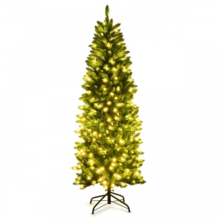 6-foot pre-lit artificial fir pencil Christmas tree with 150 LED lights, perfect for space-saving holiday decoration.
