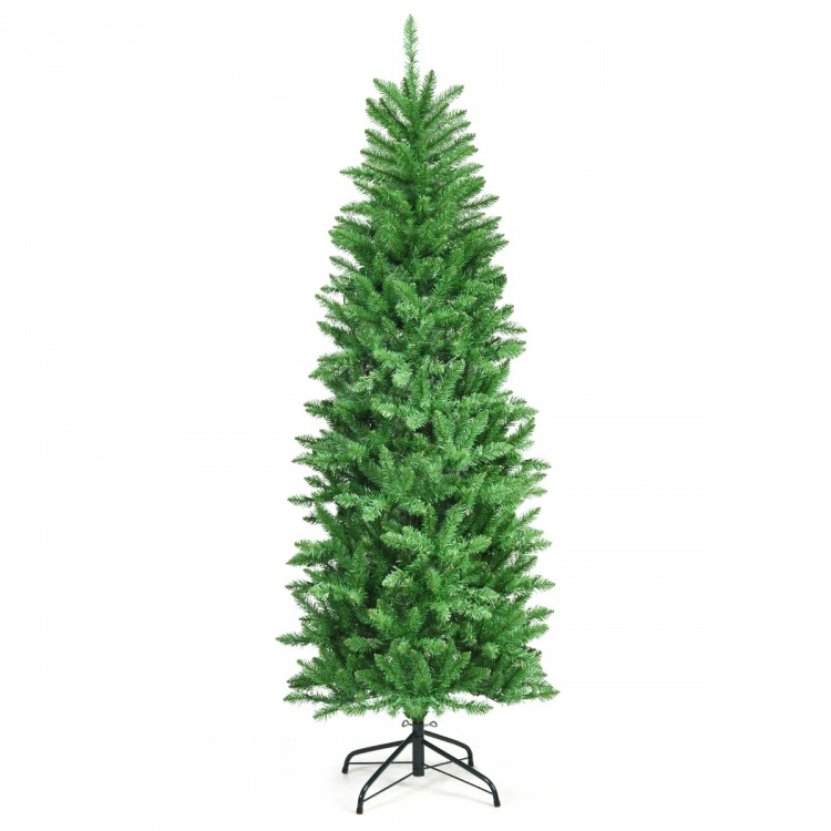 6-foot pre-lit artificial fir pencil Christmas tree with 150 LED lights, featuring a slim design for space-saving.
